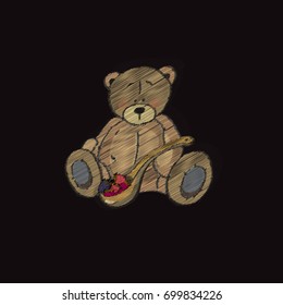 Embroidered toys - Teddy Bear and jam. Template for clothes, textiles, t-shirt design. Colorful Teddy Bear embroidery on black background