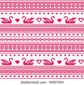 Embroidered traditional seamless pattern swans and heart