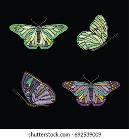 Embroidered tropical butterflies. Embroidery insect. Decorative element for embroidery, patches, stickers, badges and decor.