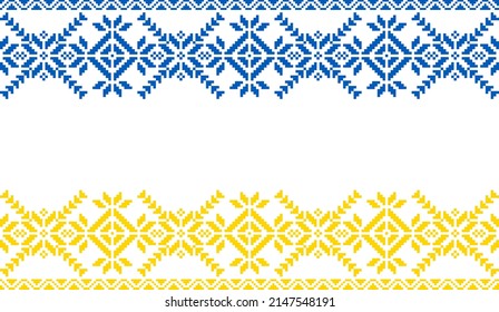 Embroidered Ukrainian ornament in national colors on a white background. Ukrainian flag. Ukrainian embroidery. Geometric patterns on a white background.  handmade cross-stitch