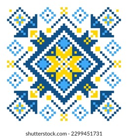 Bestickte ukrainische Ornamente in nationalen Farben auf weißem Hintergrund. ukrainische Flagge. Ukrainische Stickerei. Geometrische Muster auf weißem Hintergrund.  handgefertigte Kreuzstich