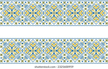 Embroidered Ukrainian ornament in national colors on a white background. Ukrainian flag. Ukrainian embroidery. Geometric patterns on a white background.  handmade cross-stitch, Vyshyvanka