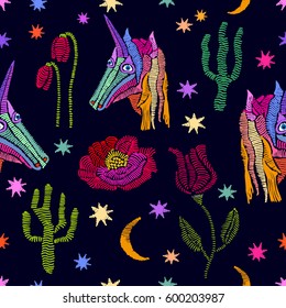 Embroidered unicorns in the sky. Seamless vector pattern with fantasy motifs, stars, flowers and exotic plants. On black.