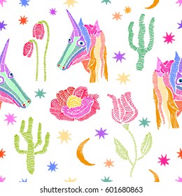 Embroidered unicorns in the sky. Seamless vector pattern with fantasy motifs, stars, flowers and exotic plants. On white.