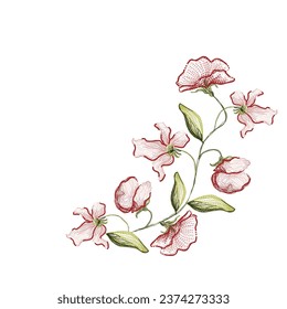 embroidered vector line bunch of flowers in red, pink and green colors on a white background