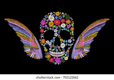 Embroidered Vintage Flower Skull With Wings. Colorful Fashion Mexican Decoration Embroidery Patch. Texture Stitch Vector Illustration