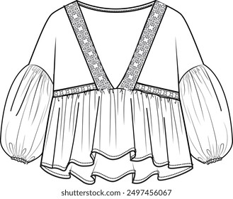 embroidered v-neck, lace detail, gathered blouse