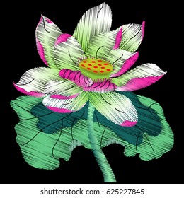 Embroidered water lilies on a black background for your clothes. Vector illustration.
