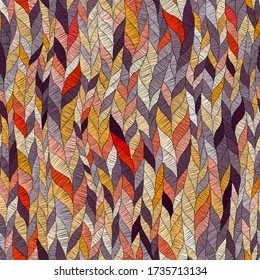 Embroidered wavy seamless pattern. Braided braids, ribbons, tows vertically directed. Grunge texture. Patchwork style ornament. Print for textiles, carpets, packaging vector.