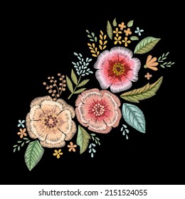 Embroidered wildflowers on a black background. Vector floral neckline design.