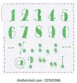 Embroidering alphabet, numerical symbols. Vector illustration.