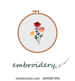 Embroidering Flowers In Embroidery Hoop In A Flat Style On A White Background. Vector Logo For A Embroidery Shop Or Embroidery Courses.