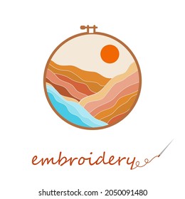 Embroidering landscape mountains and sunset in embroidery hoop on a white background. Vector logo for a embroidery shop or embroidery courses.