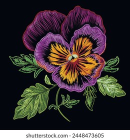 Embroidery 3d pansy flowers. Embroidered pansies flowers, leaves. Embroidery floral colorful vector background illustration. Tapestry beautiful stitch textured flowers. Stitching lines surface texture