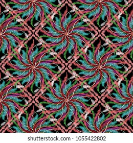 Embroidery abstract floral seamless pattern. Tapestry rhombus frames. Grunge vector background. Vintage embroidered ornaments with scroll leaves in baroque style. Textured design for fabric, tissue