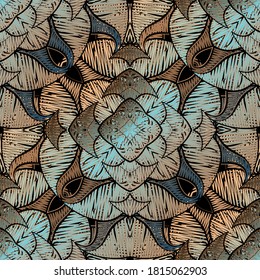 Stickerei abstraktes nahtloses Muster. Texturierte Ornamente. Grunge Fantasy-Vektorhintergrund. Stickereien Blumen, Blätter, Zickzacklinien. Bestickte Textur. Farbiges Tapisserie-Design. Stitching-Effekt.