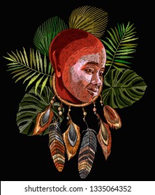 Embroidery, african tribal woman and palm leaves. Ethnic art. Template for clothes, t-shirt design   