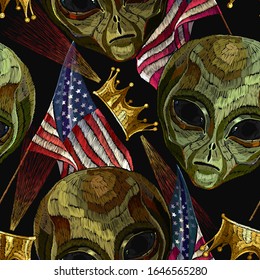 Embroidery. Alien head, golden crown and rippled American flag, seamless pattern. UFO art. Template for clothes, t-shirt design 