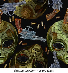 Embroidery. Alien head and guns, seamless pattern. Pop culture style, science fiction art. UFO, paleocontact concept. Crime style. Template for clothes 