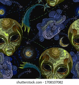 Embroidery. Alien head, meteor, moon and night sky, seamless pattern. Halloween style, science fiction art. UFO, paleocontact concept. Gothic template for clothes 