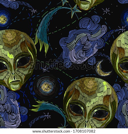 Embroidery. Alien head, meteor, moon and night sky, seamless pattern. Halloween style, science fiction art. UFO, paleocontact concept. Gothic template for clothes 