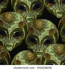 Embroidery. Alien Head, Seamless Pattern. Pop Culture Style, Science Fiction Art. UFO, Paleocontact Concept. Funny Gothic Template For Clothes 