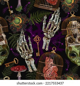 Embroidery. Alien head, skull, golden cage, fern, key and anatomical heart. Occult and esoteric. Alchemy seamless pattern. Black magic illustration. Dark gothic template for clothes, textile