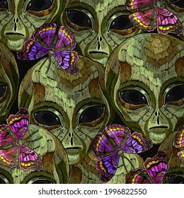 Embroidery. Alien Head And Tropical Butterflies, Seamless Pattern. Pop Culture Style, Science Fiction Art. UFO, Paleocontact Concept. Funny Gothic Template For Clothes 