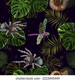 Embroidery. Ammonite fossil, dragonflies, spider tarantula and palm leaves. Template for clothes, print. Ancient tropical gothic forest seamless pattern