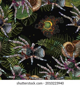 Embroidery. Ammonite fossil, spider tarantula and palm leaves. Night tropical gothic forest seamless pattern. Template for clothes, print
