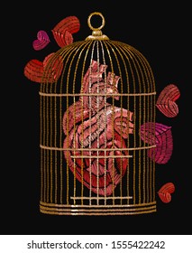 Embroidery, anatomical heart and golden cage. Love story art. Gothic template for clothes, t-shirt design 