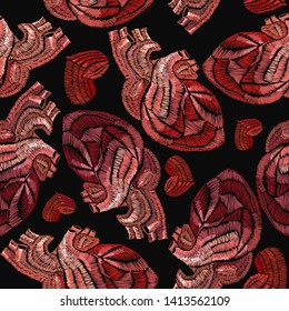 Embroidery, anatomical heart seamless pattern. Art template for clothes, t-shirt design 