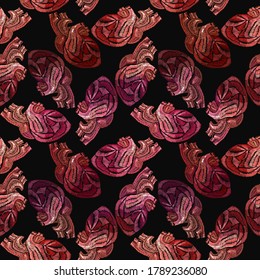 Embroidery, anatomical heart seamless pattern. Fashion template for clothes, t-shirt design 