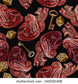 Embroidery Anatomical Heart, Vintage Keys And Dice Seamless Pattern. Casino Art, Game Concept. Template Of Clothes, T-shirt Design 