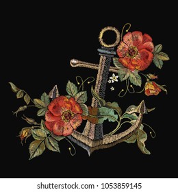 Embroidery anchor and red roses embroidery. Classical fashionable embroidery anchor, beautiful red roses template for clothes, textile t-shirt design 