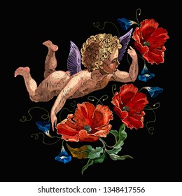 Embroidery angel and red poppies flowers. Love background. Renaissance style. Romantic template for clothes, t-shirt design 