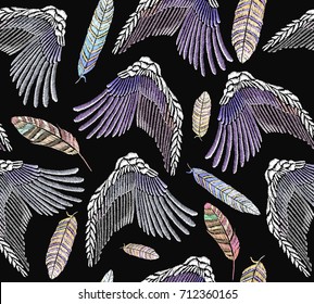 Embroidery angel wings seamless pattern. White wings seamless background