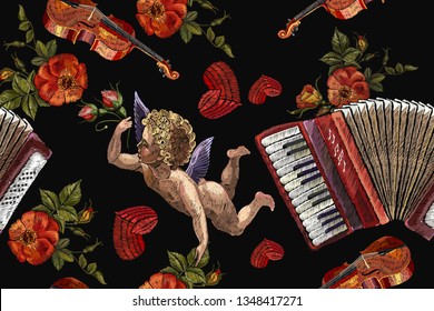 Embroidery angels, accordion and roses flowers seamless pattern. Violin and red heart. Music art. Template for clothes, t-shirt design 