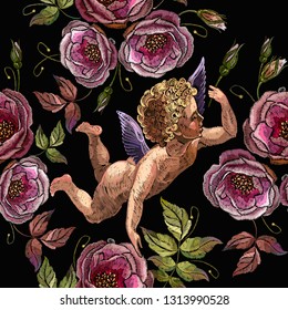 Embroidery angels and pink roses flowers seamless pattern. Love background. Cupids art, Happy Valentines Day concept. Template for clothes and t-shirt design 