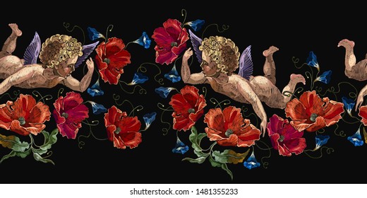 Embroidery angels and red poppies flowers horizontal seamless pattern. Romantic template for clothes, t-shirt design. Love background Renaissance style. Flying cupids 