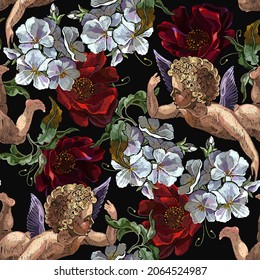 Embroidery angels, red and white flowers seamless pattern. Cupids. Happy Valentines Day art. Paradise garden. Template for clothes and t-shirt design. Renaissance art 