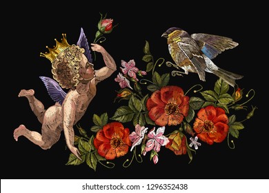 Embroidery angels, roses flowers and birds. Renaissance art. Cupids and Happy Valentines Day. Paradise garden. Template for clothes, t-shirt design 