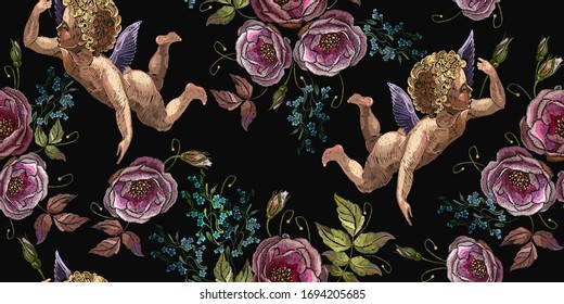 Embroidery angels and roses flowers, horizontal seamless pattern. Cupids. Valentines Day concept. Template for clothes, vector illustration. Fashion background 