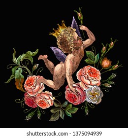 Embroidery angels and roses flowers. Renaissance art. Cupids and Happy Valentines Day. Paradise garden. Template for clothes and t-shirt design 