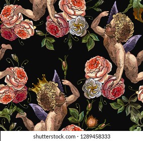 Embroidery angels and roses flowers seamless pattern. Embroidery love background. Cupids art, Happy Valentines Day concept. Template for clothes, t-shirt design   