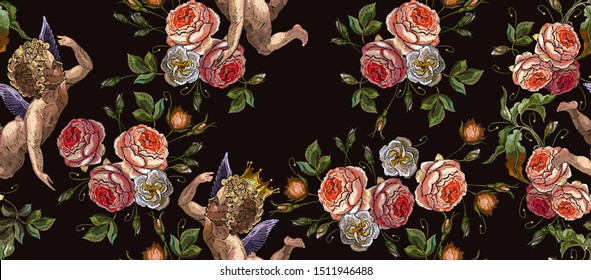 Embroidery angels and roses flowers seamless pattern.  Fashion love background. Cupids art, happy Valentines Day concept. Template for clothes, vector illustration 