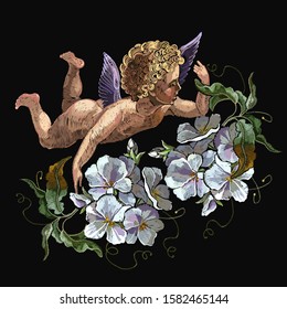 Embroidery angels and white flowers. Renaissance art. Cupids. Happy Valentines Day art. Paradise garden. Template for clothes and t-shirt design 