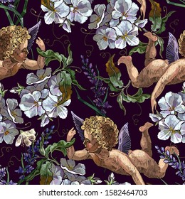 Embroidery angels and white flowers seamless pattern. Template for clothes and t-shirt design. Renaissance art. Cupids. Happy Valentines Day art. Paradise garden 