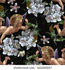 Embroidery angels and white flowers. Seamless pattern. Cupids. Happy Valentines Day art. Paradise garden. Template for clothes and t-shirt design. Renaissance art 