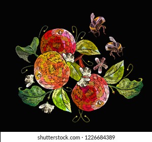 Embroidery apples and bumblebees. Fashion nature template for clothes, textiles, t-shirt design. Classical embroidery ripe apples on  branch, summer art 